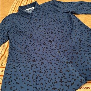 Susan Graver Blue Shirt with Black Pattern, Polyester Blend, Great Condition, L